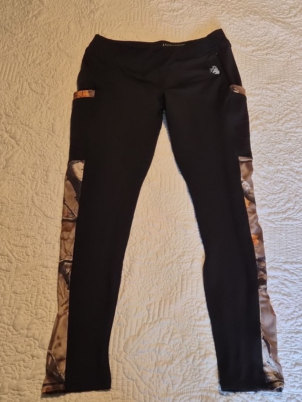 Legendary Whitetails Womens Black Performance Leggings with White Logo, Fleece